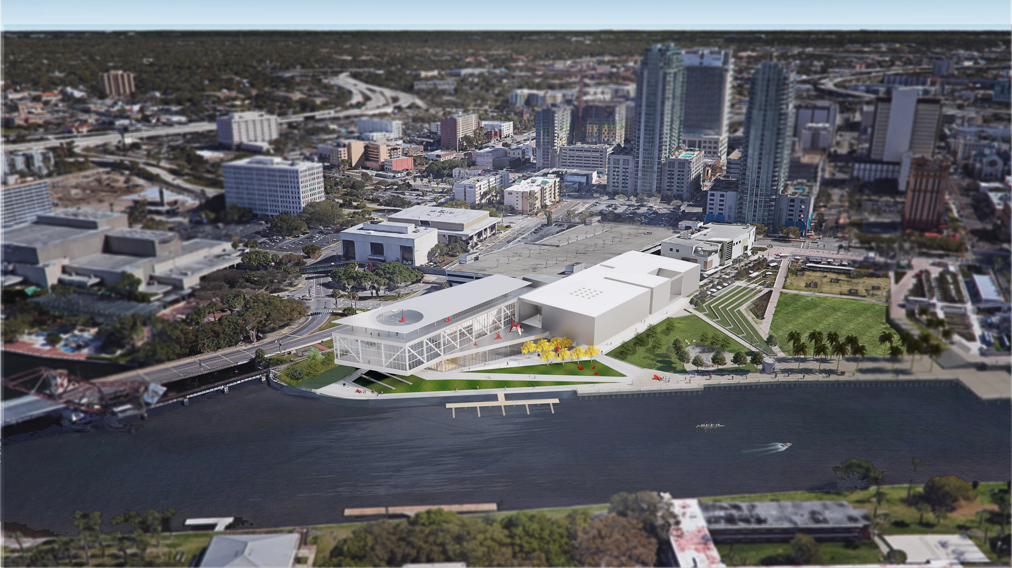 Aerial rendering of the future Tampa Museum of Art along the Hillsborough River.