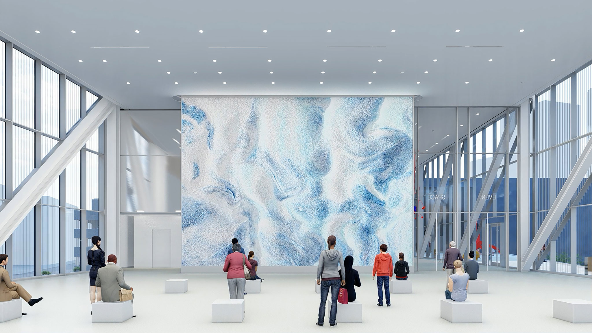 Rendering of Large LED exhibition wall in new 2nd floor space.