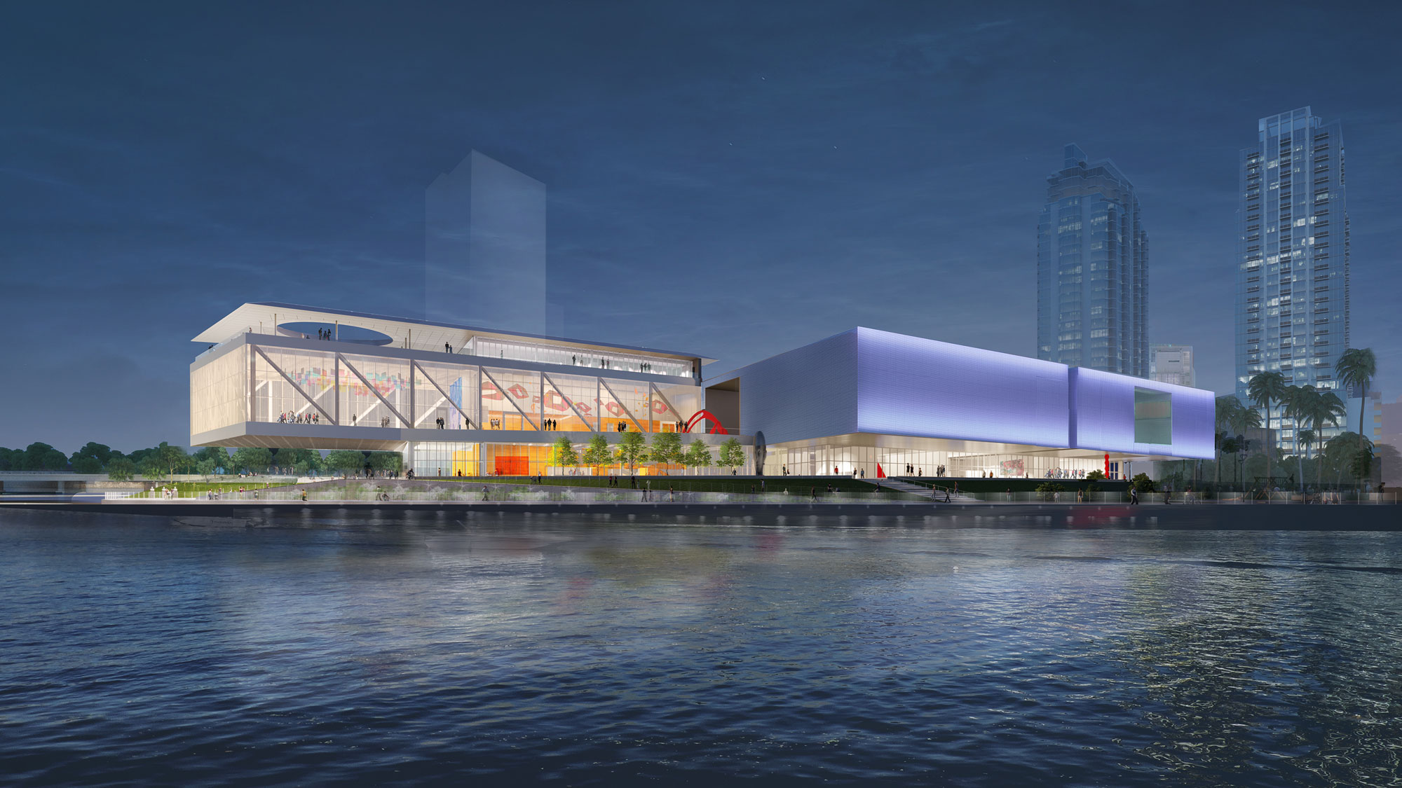 Tampa Museum of Art expansion rendering night time view from the Hillsborough River.